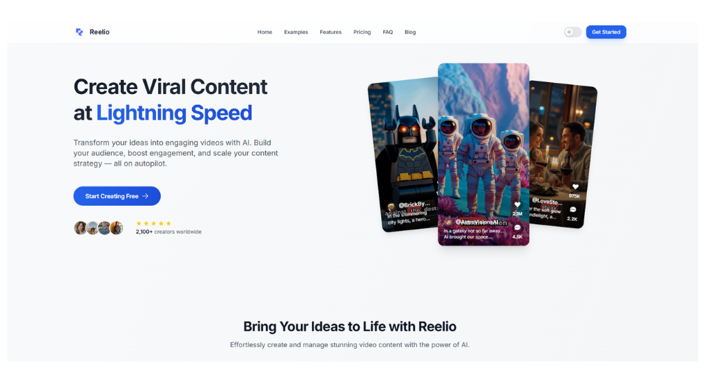 Reelio AI- Create Viral Content at Lightning Speed